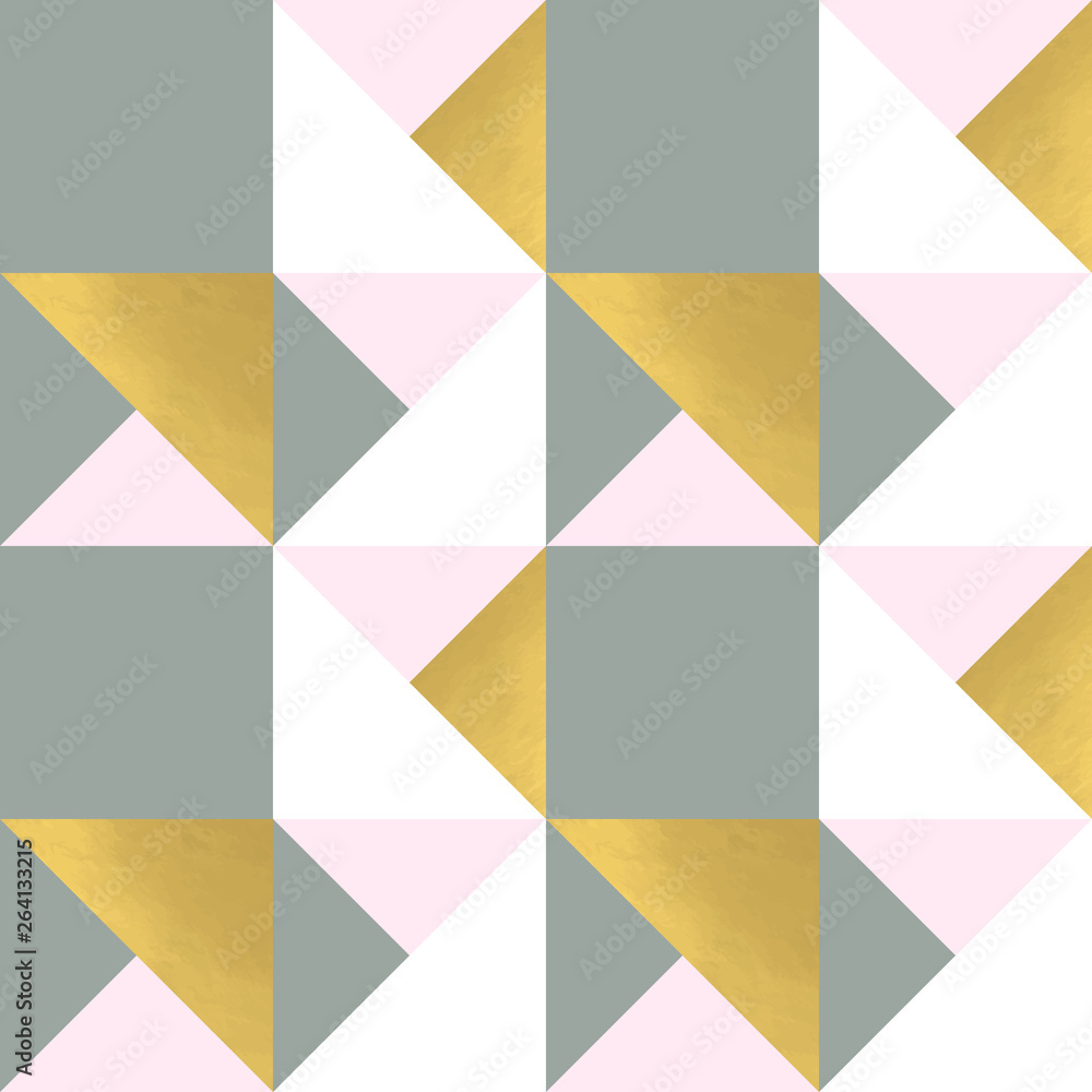 Poster Festive triangle and square geometric shapes background. Abstract mosaic vector seamless pattern in pastel and golden colors. Christmas , new year, carnival, party, celebration wrapping paper concept.