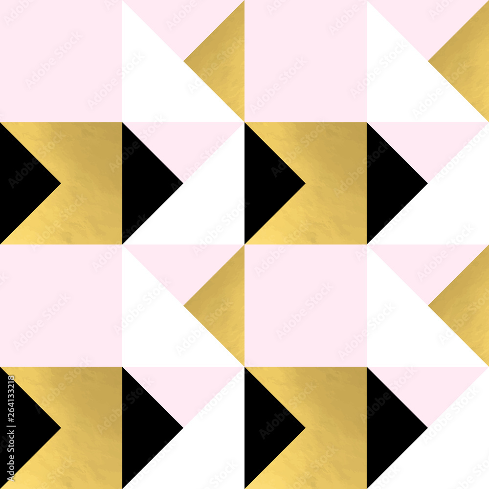 Poster Festive triangle and square geometric shapes background. Abstract mosaic vector seamless pattern in pastel and golden colors. Christmas , new year, carnival, party, celebration wrapping paper concept.