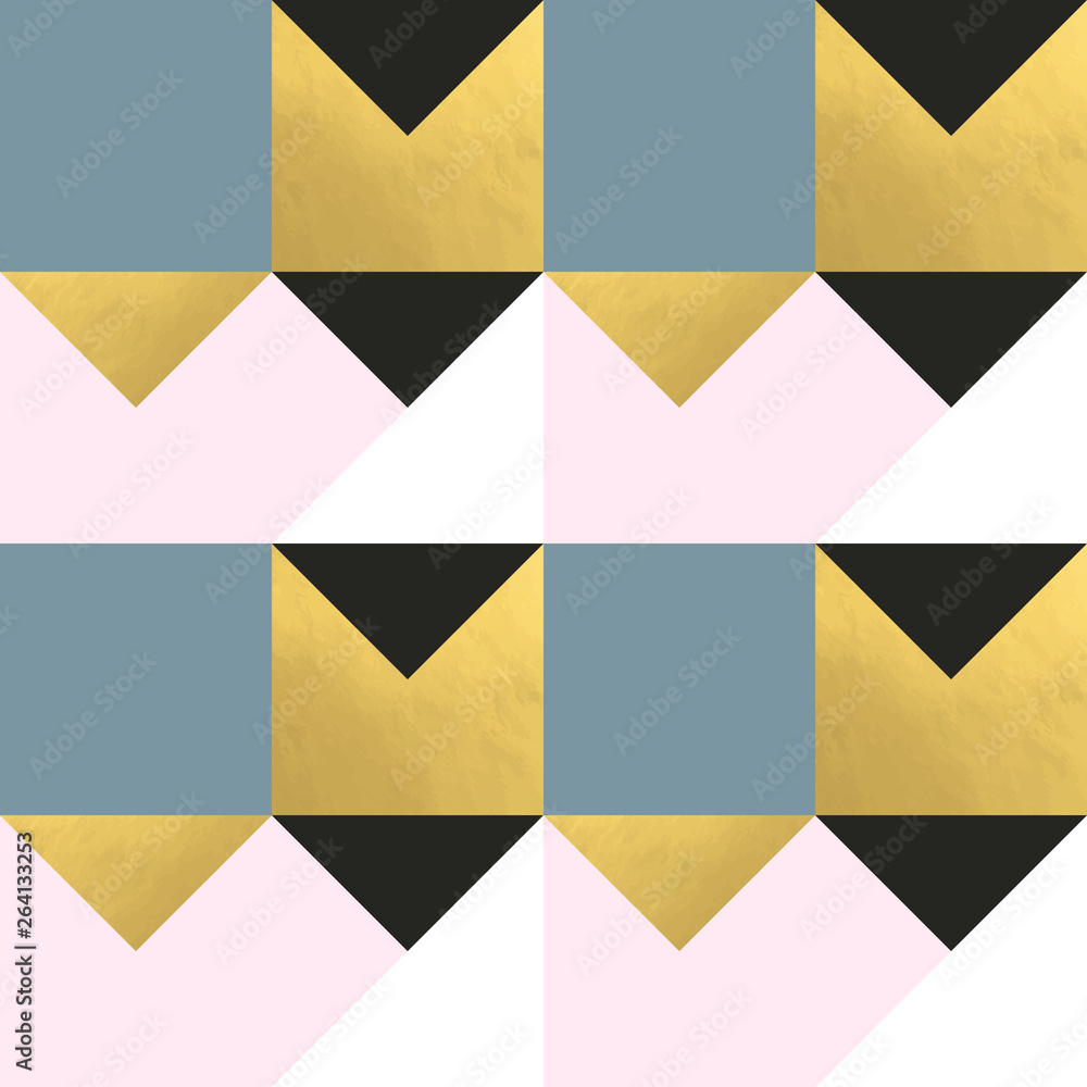 Poster Festive triangle and square geometric shapes background. Abstract mosaic vector seamless pattern in pastel and golden colors. Christmas , new year, carnival, party, celebration wrapping paper concept.