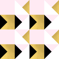 Festive triangle and square geometric shapes background. Abstract mosaic vector seamless pattern in pastel and golden colors. Christmas , new year, carnival, party, celebration wrapping paper concept.
