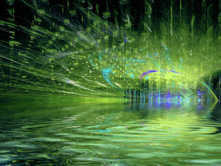 Futuristic surreal 3d illustration. Alien night landscape water surface.