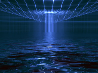 Naklejka premium Futuristic abstract techno water surface landscape. Transfer of energy and information.