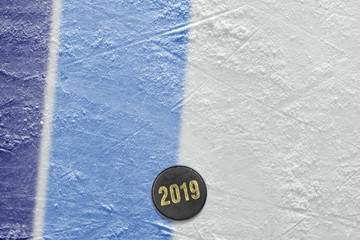 Fragment of the ice hockey arena, puck and blue lines