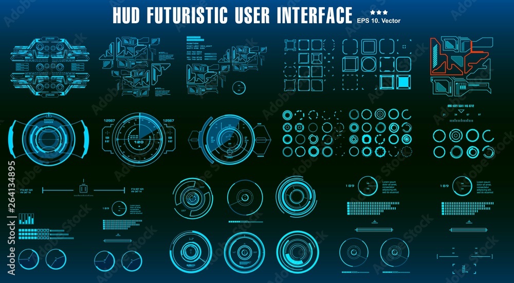 Poster hud elements mega set pack. dashboard display virtual reality technology screen. futuristic user int