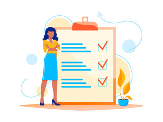 Month planning, to do list, time management. Woman is standing near large to do list. Plan fulfilled, task completed. Flat concept vector illustration, isolated on white.