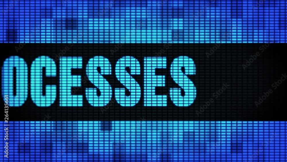 Poster business processes front text scrolling on light blue digital led display board pixel light screen l