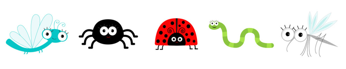 Insect set line. Ladybug, dragonfly, mosquito, spider and worm. Cute cartoon kawaii funny character. Flat design. White background. Isolated.