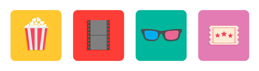 Popcorn box, 3D glasses, ticket, film. Movie cinema icon set line. Flat design style. Yellow background Isolated.