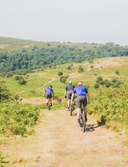 Mountain bikers ride away in English countryside