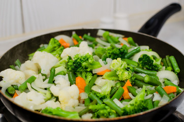 Vegetable stew. Cooking stewed vegetables, broccoli and young beans in a frying pan.