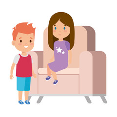 little kids couple sitting in sofa