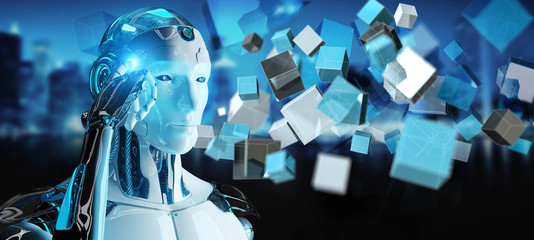 White cyborg using blue digital cube structure 3D rendering