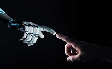 Robot hand making contact with human hand on dark background 3D rendering