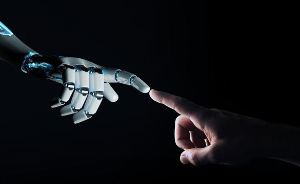 Robot hand making contact with human hand on dark background 3D rendering