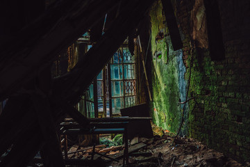 Fototapeta na wymiar Abandoned room in an old house covered with green moss