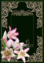  light lily flowers in corner of decorated frame on black