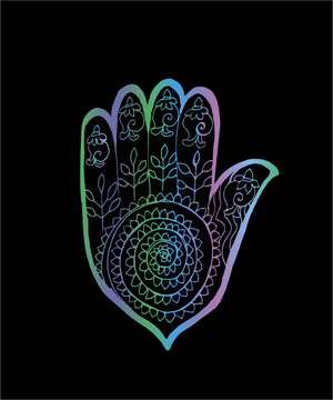 Gradient illustration of a hamsa with an ornament in the style of mehendi.