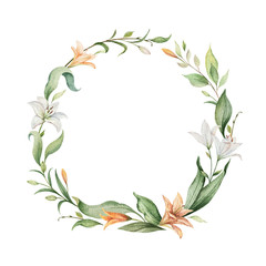 Naklejka premium Watercolor vector wreath of orange Lily flowers and green leaves.