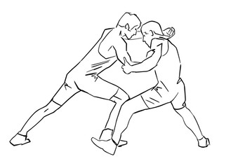 Greco-Roman wrestling. Black isolated contour. Fight of two wrestlers. Outlines of athletes in active poses. Sports competition or training. Vector silhouettes.