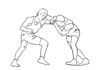 Greco-Roman wrestling. Black isolated contour. Fight of two wrestlers. Outlines of athletes in active poses. Sports competition or training. Vector silhouettes.