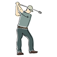 Golfer figure. Male golf player in active pose. Vector flat illustration. Isolated black contour and colors. Hand drawn silhouette. Active recreation. Sketch style.
