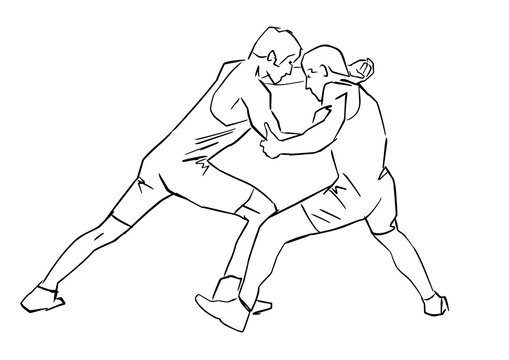 Greco-Roman wrestling. Black isolated contour. Fight of two wrestlers. Outlines of athletes in active poses. Sports competition or training. Vector silhouettes.