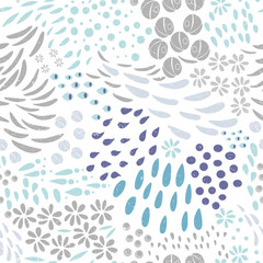 Leaves, flowers and stylized floral elements background. Vector seamless abstract ditsy pattern with botanical motiffs.