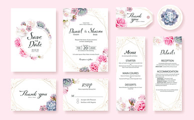 Fototapeta na wymiar Floral Wedding Invitation card, save the date, thank you, rsvp, table label, menu, details, tage template. Vector. Pink and White Rose flower, Succulent plants.