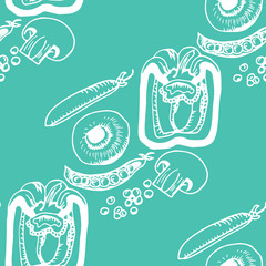 seamless pattern with vegetables paprika, green pea, mushrooms