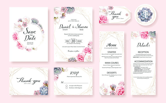 Floral Wedding Invitation card, save the date, thank you, rsvp, table label, menu, details, tage template. Vector. Pink and White Rose flower, Succulent plants.