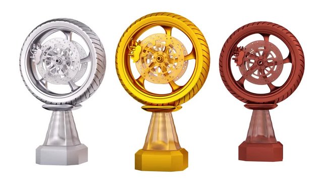Front View of Motorbike Wheel Gold Silver and Bronze Trophies in Infinite Rotation