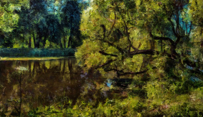 Beautiful painting. Green tree on the river Bank on a summer day