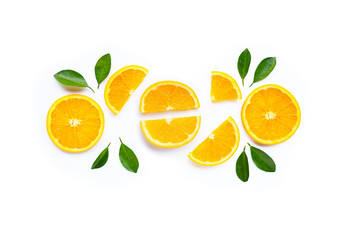 High vitamin C. Fresh orange citrus fruit with leaves isolated on white.