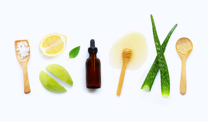 Natural ingredients for homemade skin care on white.