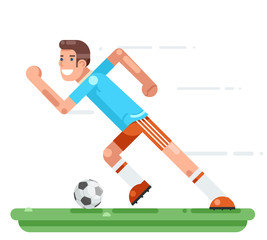 Running soccer player football character stadium background flat design vector illustration