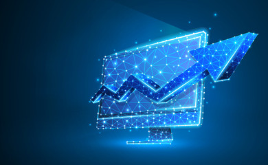 Computer monitor with arrow up symbol. Device, growth, success, display concept. Abstract, digital, wireframe, low poly mesh, vector neon 3d illustration. Triangle, line, dot, star. Blue background