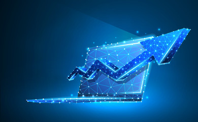 Laptop, arrow up, notebook symbol. Device, growth, success concept. Abstract, digital, wireframe, low poly mesh, raster neon 3d illustration. Triangle, line, dot, star. Blue background