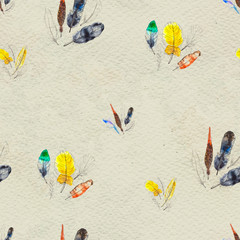 Watercolor feathers seamless pattern. Hand painted texture