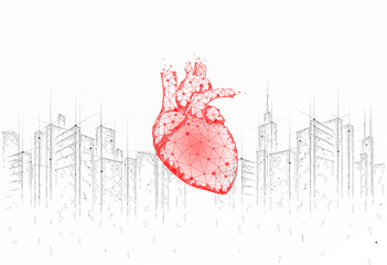 Low poly heart urban health day. Global cardiac awareness medicine banner cityscape city stress situation. Doctor online consultation vector illustration