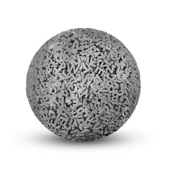 Big data concept. Huge amount 3d letters and numbers of concrete material ball, isolated on white background. 3D illustration.