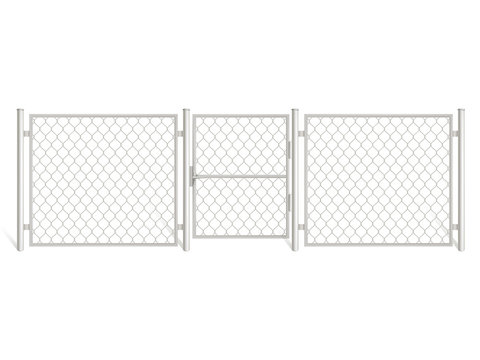 Wire fence isolated on white background. Three segments silver colored grid fencing with gate, perimeter protection barrier separated with metal steel poles, rabitz. Realistic 3d vector illustration.