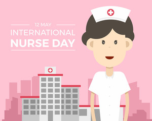 Fototapeta na wymiar International nurse day banner with cute woman nurse and hospital on pink background vector design