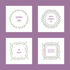 Set of romantic spring postcard template with square and round green leaves frames and text samples. Pastel colours. White background. Flat style illustration. Vector.