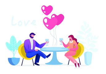 Happy Valentine Day greeting card with Valentine in the envelope and the words Love, flat vector illustration isolated on white background. Valentine day greeting card with hugging funny couple