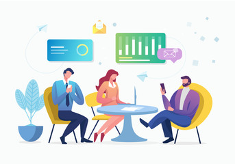 Vector creative illustration of business graphics, the company is engaged in the joint construction of column graphs, the rise of the career to success, flat color icons, business analysis concept in 