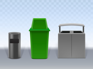 Garbage containers set isolated on transparent background. Empty trash cans of various design made of plastic and metal. Street and in-house litter bins. Realistic 3D Vector Illustration, clip art.