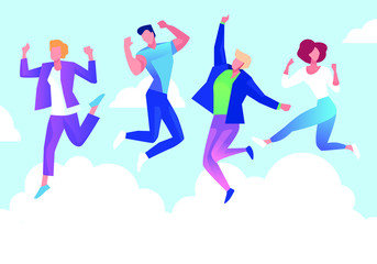 Group of young people jumping on white background with copy space. Stylish modern vector illustration with happy male and female teenagers Party, sport, dance and friendship team concept