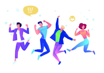 Fototapeta na wymiar Group of young people jumping on white background with copy space. Stylish modern vector illustration with happy male and female teenagers Party, sport, dance and friendship team concept