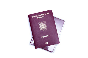 Romanian international passport isolated on white background. European Union Passport.
