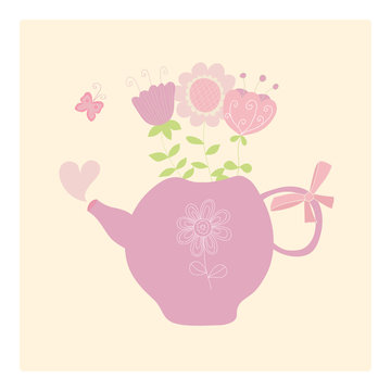 Cute card. Teapot with flowers. Ideal for scrapbooking, celebration card, invitation.